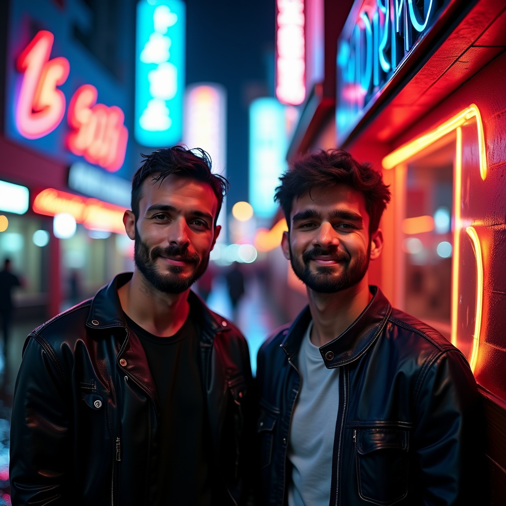 A hyperrealistic image of two men, <img><|image_1|></img> and <img><|image_2|></img>,  standing outside a neon-lit bar, illuminated by the vibrant colors of the neon signs. One is leaning against the wall. The contrasting light creates dynamic shadows across their faces, enhancing their expressions of joy and camaraderie. The wet pavement glimmers beneath their feet, and the bustling nightlife in the background adds a lively ambiance to the scene.