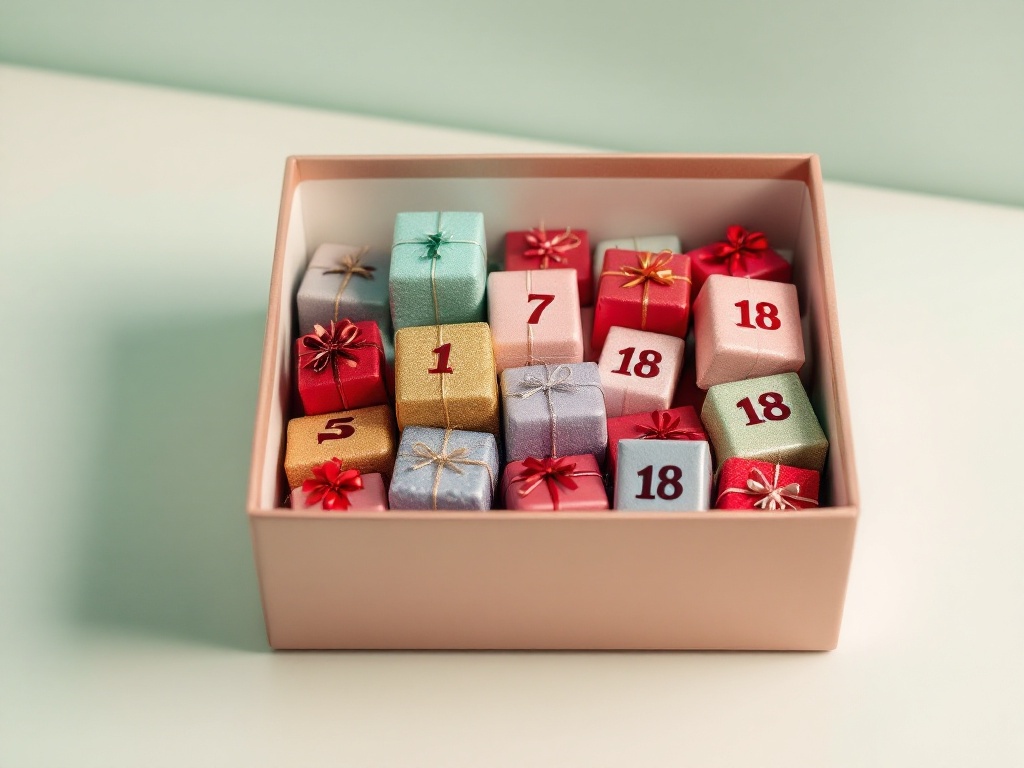 A photorealistic shot capturing a decorative box filled with small wrapped gifts, each with a number from 1 to 18, arranged neatly on a plain surface