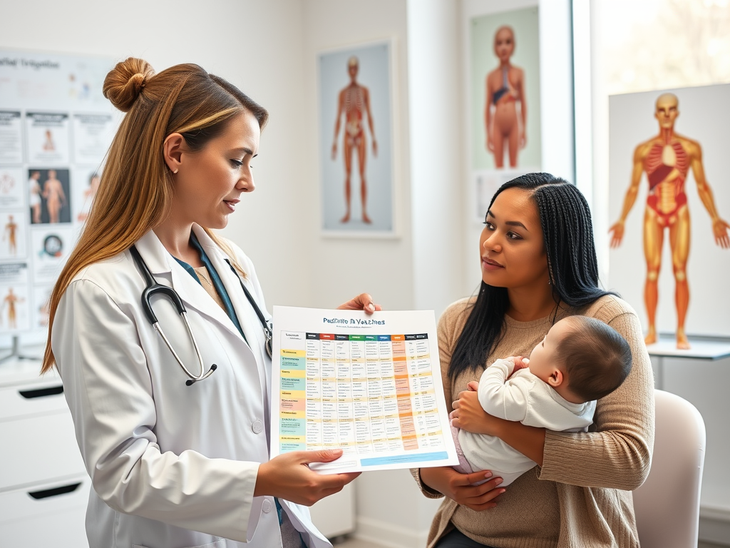 Create a realistic image of a white female pediatrician in a white coat explaining a colorful vaccine schedule chart to a concerned-looking white mother holding a baby, with medical posters and a model of the human body visible in the background of a well-lit doctor's office.