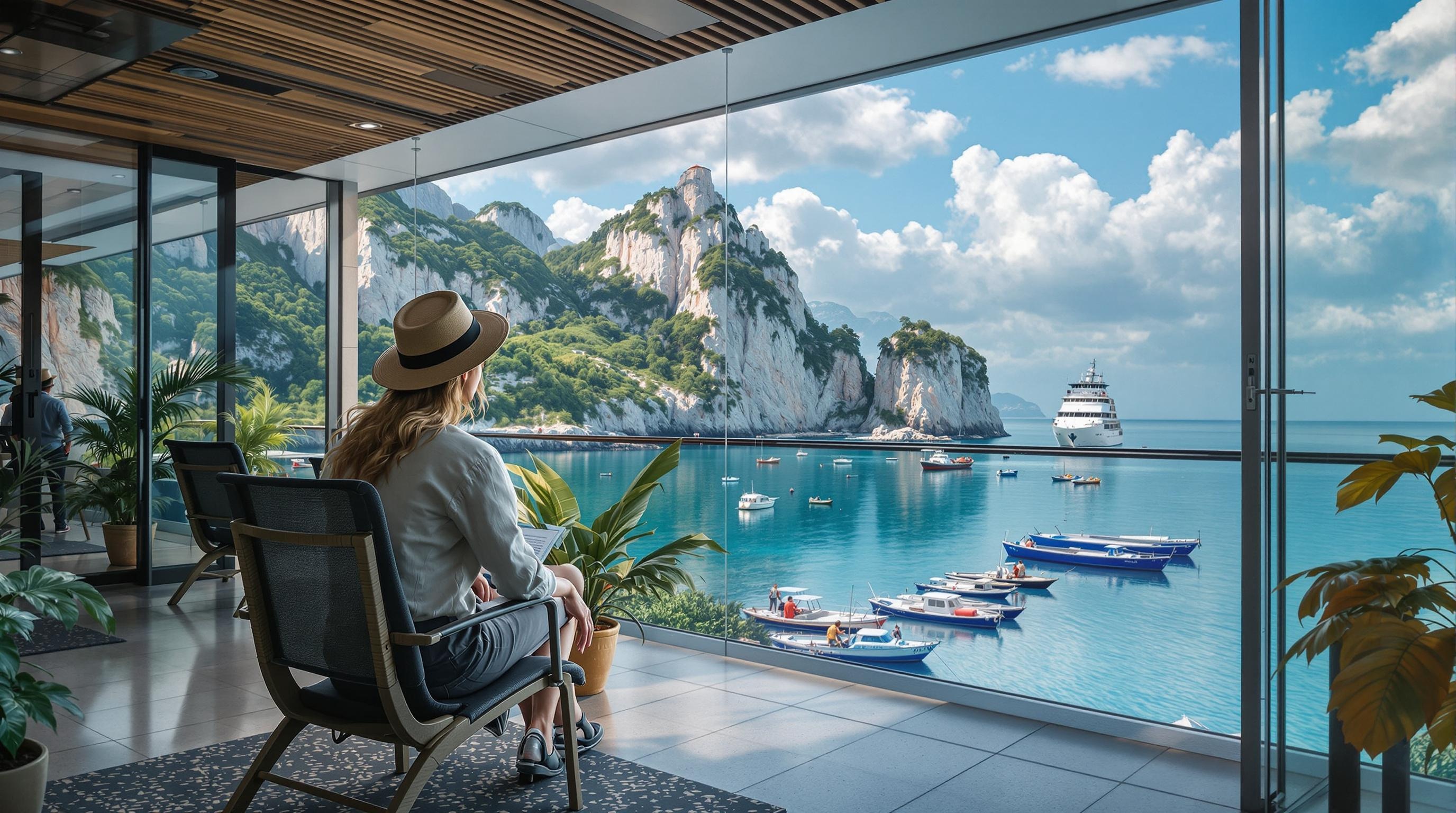 Professional Travel Agent Assisting Customer An ultra realistic photo of a travel agent sitting at a desk with a computer and assisting a customer with vacation planning.