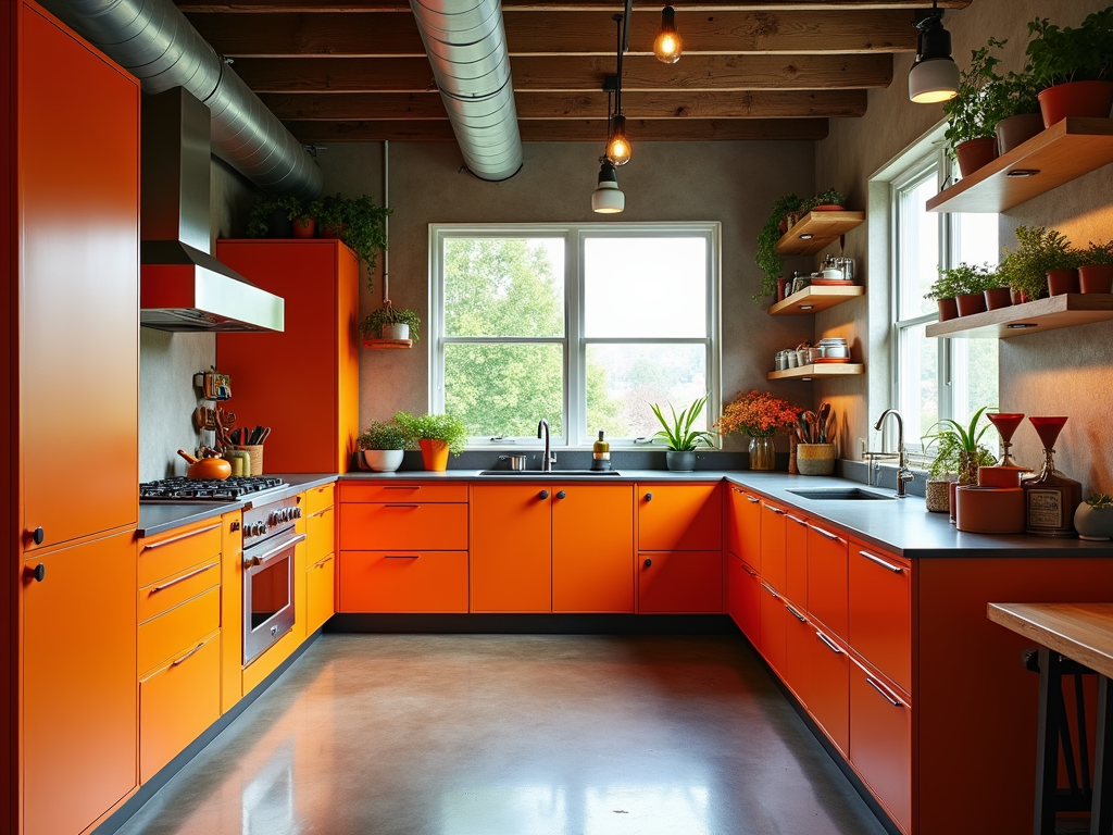 Stylish Mid-Century Modern Kitchen with Vibrant Orange Accents