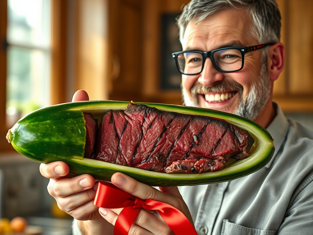 a smiling cucumber is cut open but instead of finding vegetable content it looks like a roasty steak in the inside. A beardy man with short hair and glasses smiling and holds this piece and will give it to another one as gift with a ribbon.