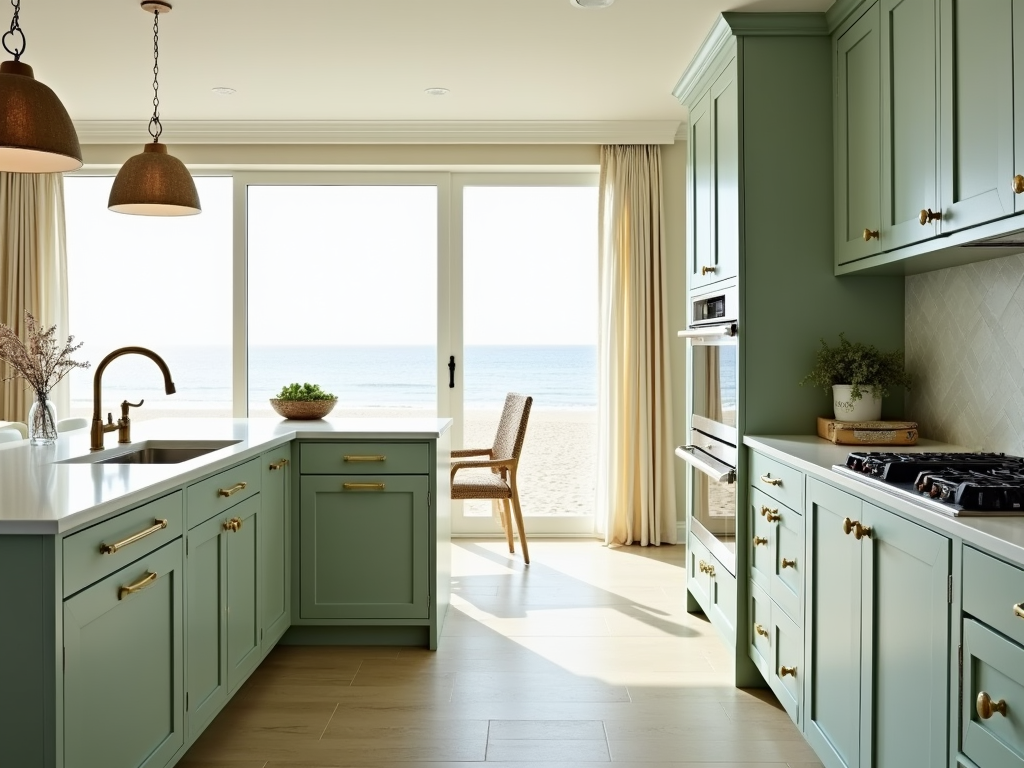 Coastal Charm: Sage Green Cabinets with Brass Hardware