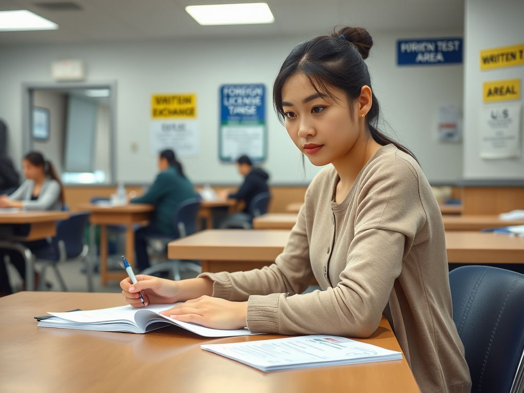 Create a realistic image of a young Asian female sitting at a desk in a DMV office, focused on completing a written driving test. The desk has official paperwork, a pen, and a US driving manual. In the background, other applicants are visible, and signs on the wall indicate "Foreign License Exchange" and "Written Test Area."