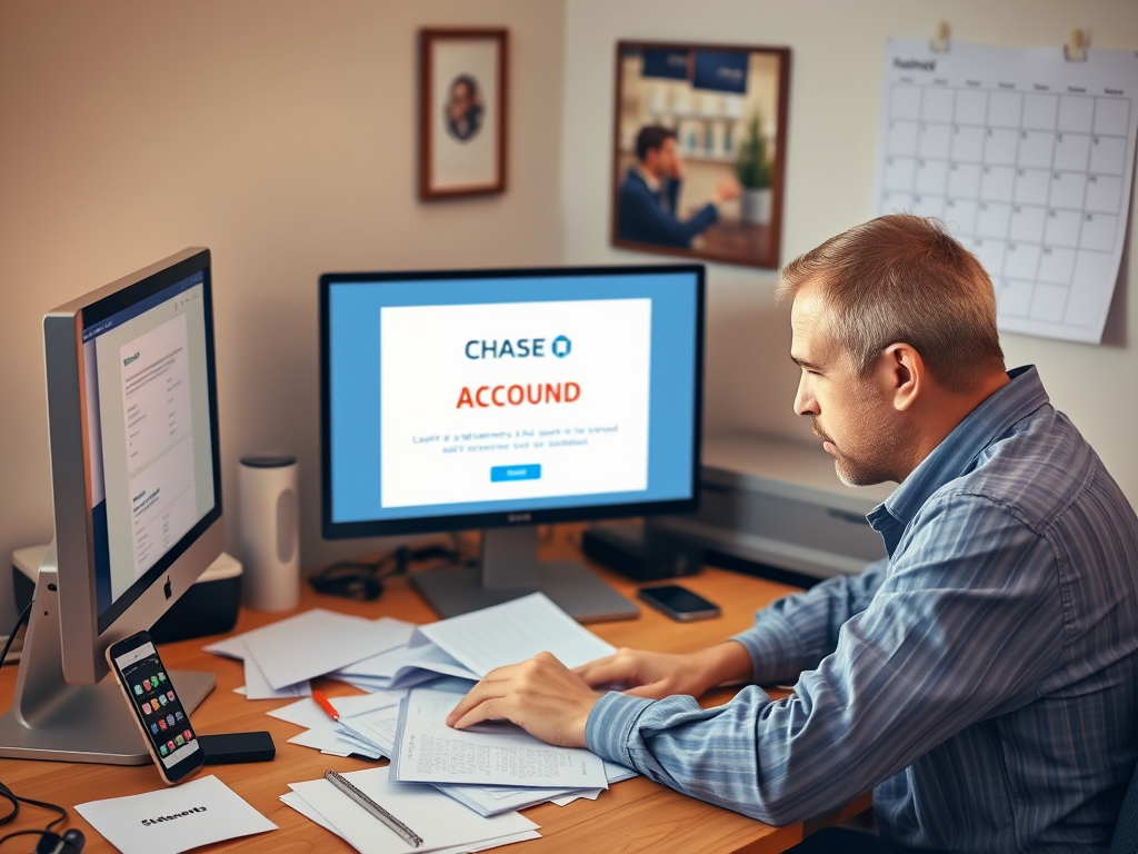 Create a realistic image of a frustrated white male in his 30s sitting at a desk, staring at a computer screen displaying a "Account Closed" message from Chase Bank. On the desk are scattered papers, a smartphone showing a banking app, and a folder labeled "Statements". A calendar on the wall highlights alternative methods for retrieving statements, creating a sense of problem-solving and determination in a home office setting with warm lighting.