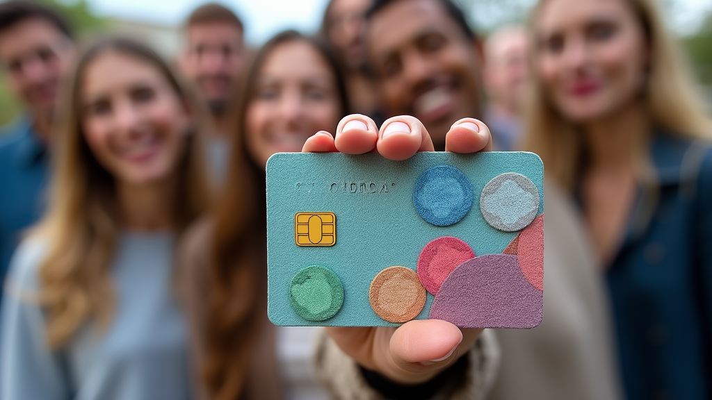 A futuristic card that resembles a bank debit card but has a flexible fabric texture, showcasing various colorful patches representing emotional states, with a group of people proudly displaying them like a fashion accessory.