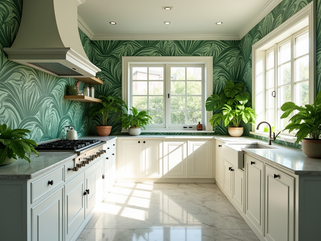 Transform Your Space: Tropical Kitchen with Palm Leaf Wallpaper