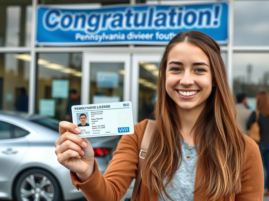 Create a realistic image of a smiling young white female holding up a newly issued Pennsylvania driver's license, standing in front of a DMV office building with a line of people visible through the glass doors, with a parked car visible in the background, and a "Congratulations!" banner hanging above the entrance.