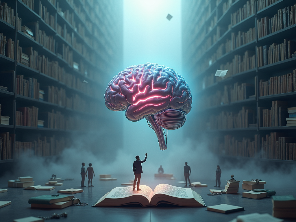 Imagine a surrealistic and metaphorical representation of the mind grappling with procrastination. The scene is set in a vast, open library that stretches infinitely, symbolizing the limitless potential of the mind. Books float around, some open with glowing pages, others closed and chained, representing accessible knowledge versus locked potential due to procrastination. In the center, a large, transparent human brain floats, emitting soft, pulsating blue and pink lights from areas representing the limbic system and the prefrontal cortex, illustrating the neurological battle within. Around the brain, ethereal figures (personifications of psychological traits such as Fear of Failure, Optimism, and Anxiety) interact with it, some nurturing it with light, others binding it with dark, smoky tendrils. The background is a gradient of deep blue to soft gray, conveying a mood of introspection and complexity. The lighting is dynamic, with beams of sunlight breaking through clouds directly above the brain, highlighting it as the focal point. The artistic style blends surrealism with a touch of digital modernism, using smooth, flowing lines and a semi-abstract form to create a sense of movement and depth. The color palette consists of deep blues, grays, soft pinks, and vibrant golds, reflecting both the tranquility and the intense cognitive processes associated with procrastination.
