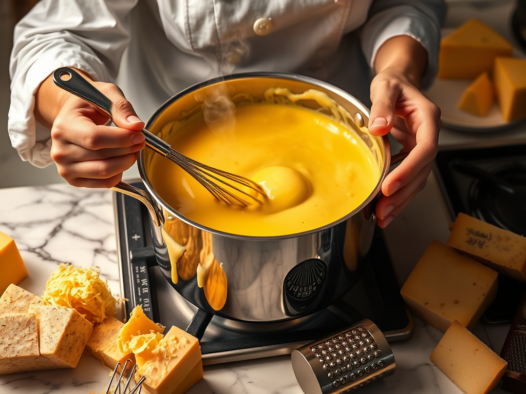 Create a realistic image of a white female chef's hands whisking a creamy, golden cheese sauce in a stainless steel pot on a kitchen stove, with steam rising and melted cheese strands visible, surrounded by various cheese blocks and graters on a marble countertop, warm lighting emphasizing the rich texture of the sauce.