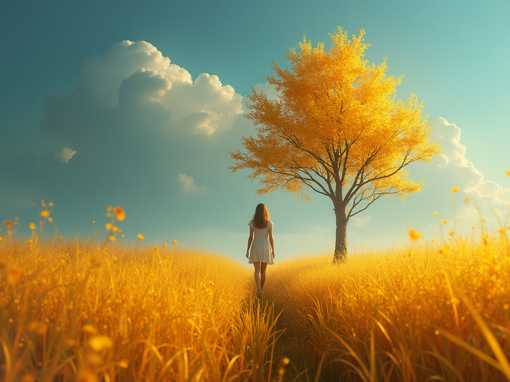 a girl walking through a field, in the style of ethereal trees, dark yellow and azure, majestic, sweeping seascapes, photorealistic representation, graceful balance, wimmelbilder, orange