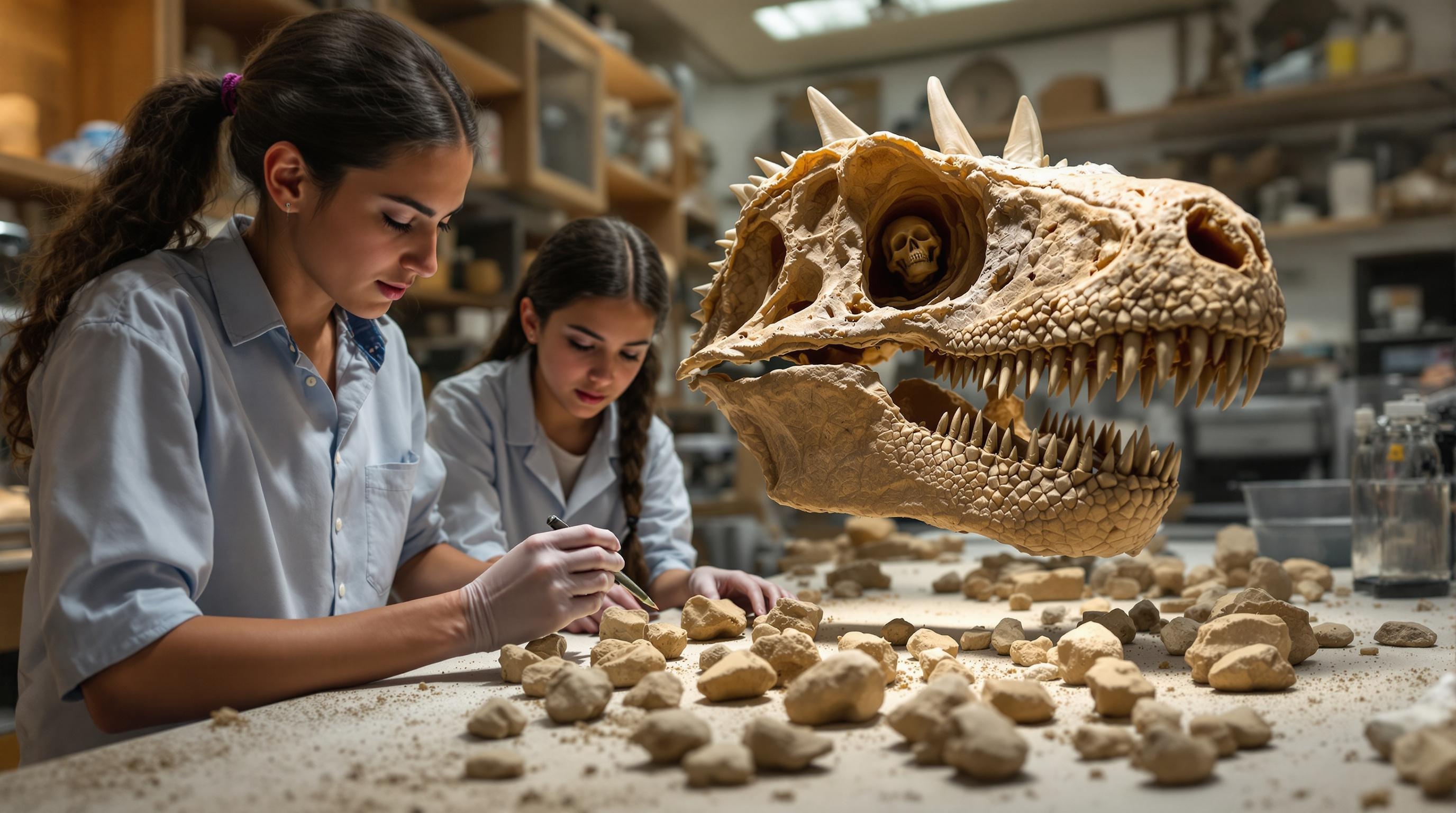 Students Examining Fossils at Museum Lab A group of students carefully examining fossil specimens under the museum lab's bright lights.