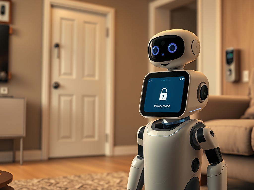 Create a realistic image of an Amazon Astro robot in a living room, with its screen displaying a lock icon and a privacy mode notification. The robot is positioned near a smart home security camera and a biometric door lock. Soft, warm lighting emphasizes the robot's friendly appearance while highlighting the security features in the background.