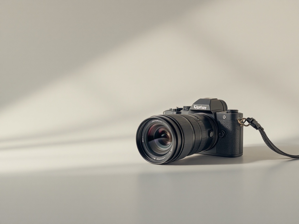 A photorealistic shot capturing a simple, unadorned mirrorless camera with a basic lens, placed on a plain surface with soft lighting