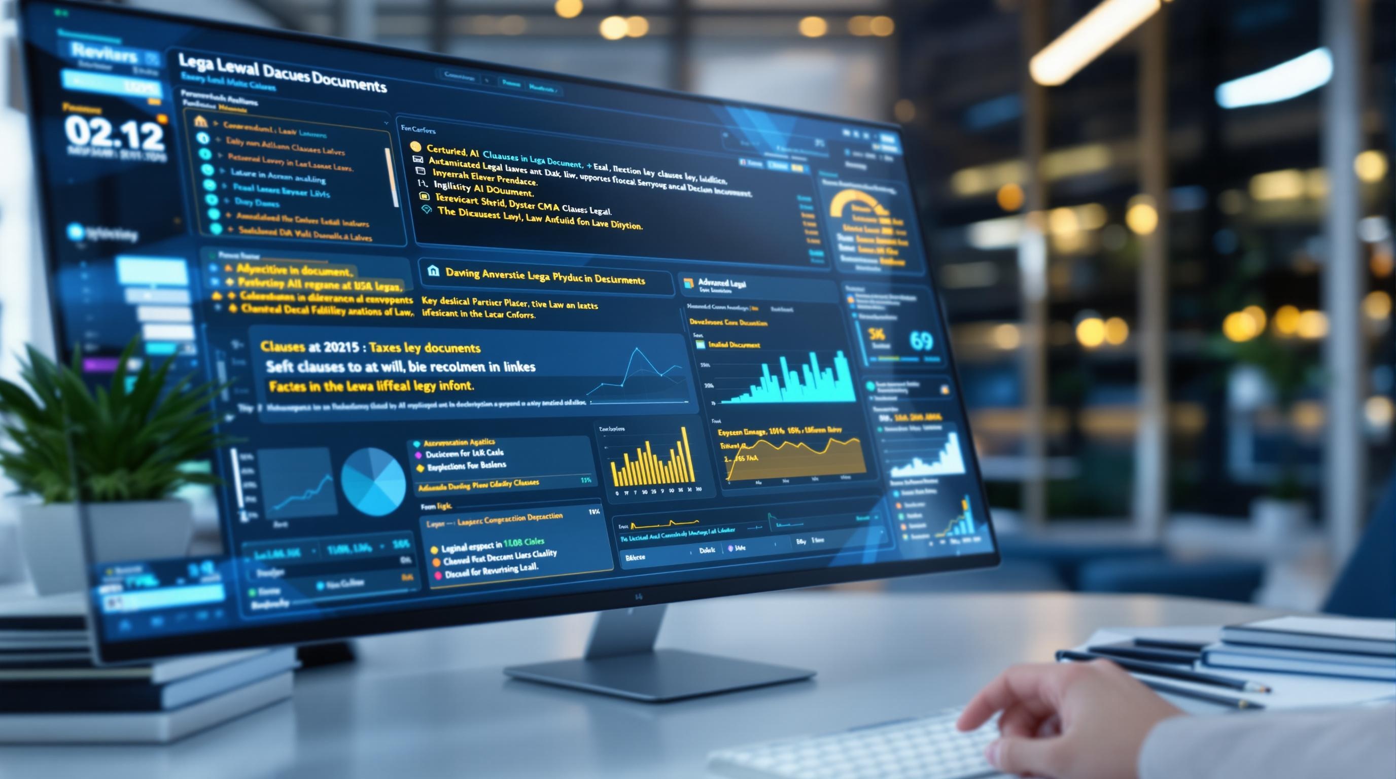 Futuristic visualization of AI, blockchain, and smart contracts interconnected in a digital network, abstract representations of contract automation and predictive analytics, sleek and modern professional style, 16:9 aspect ratio, no text