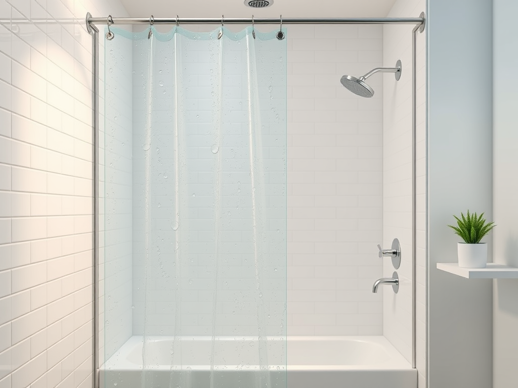 Create a realistic image of a modern, sleek bathroom with a transparent glass shower curtain, emphasizing its clarity and cleanliness. Show water droplets on the curtain to highlight its water-resistant properties. Include a white tiled background, chrome fixtures, and soft, ambient lighting to create a spa-like atmosphere. Display a small potted plant on a nearby shelf for a touch of nature.