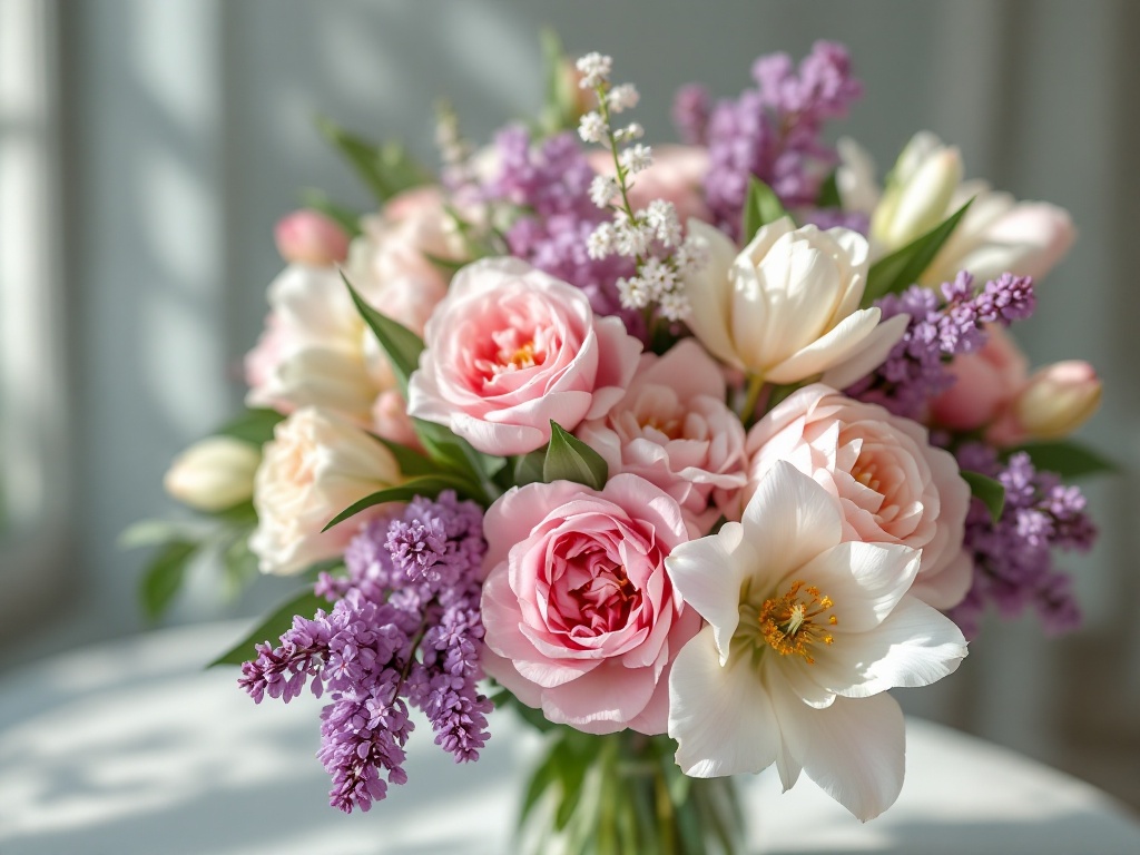 A photorealistic shot capturing a stunning spring wedding bouquet featuring a mix of pastel-colored tulips, peonies, and lilacs, with soft natural light highlighting the delicate petals