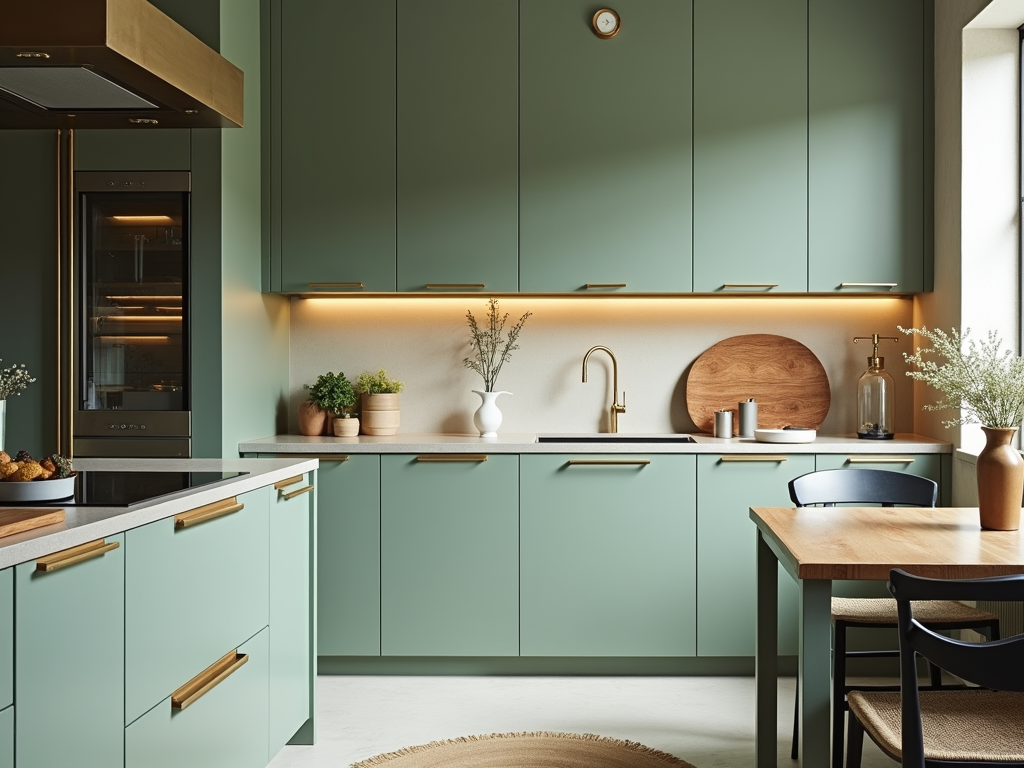 Elegant Sage Green Cabinets with Brass Hardware: A Japanese Aesthetic