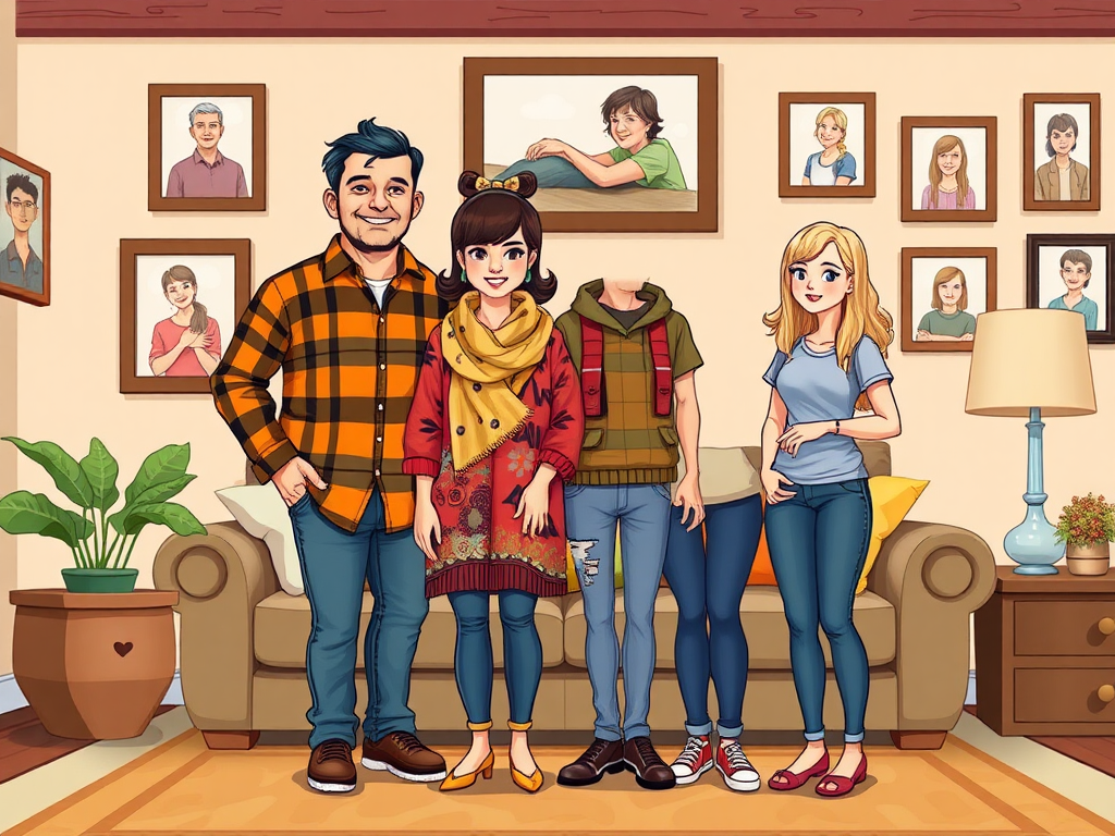 family image nuclear family with a Mum, Dad, with young adult Son and Daughter in cartoon format stood in living room with photos. Dad- tallest bigger build. age 50 small amount of dark receding hairline, builder. Wearing a checkered shirt and jeans. Mum: 50 years old, short and slightly bigger build, soft features, funky colorful clothing and a scarf with a hat; Son who is tall 2nd tallest in family, slim build age 20, casual clothing. Daughter; 3rd tallest, age 18, blonde/brown hair, jeans and a tight t-shirt)