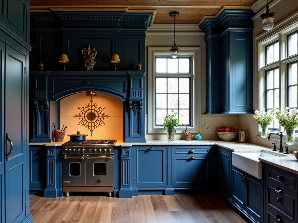 Elegant Navy Blue Cabinetry: A Touch of Gothic in Traditional Kitchens