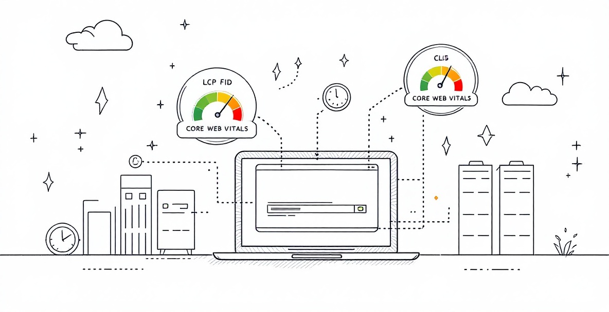 Minimalist wireframe sketch of a website performance dashboard showing Core Web Vitals metrics (LCP, FID, CLS) above a laptop