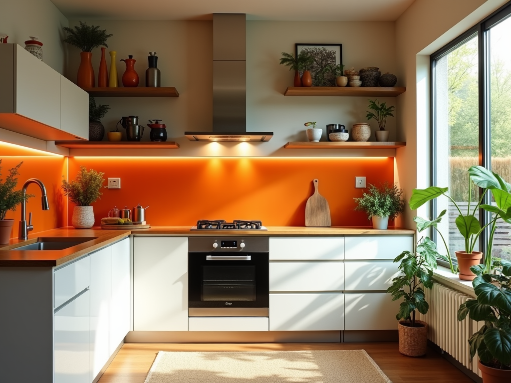 Stylish Mid-Century Modern Kitchen with Chic Orange Accents