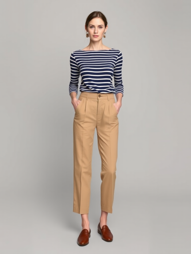 Woman in preppy cropped trousers and loafers outfit