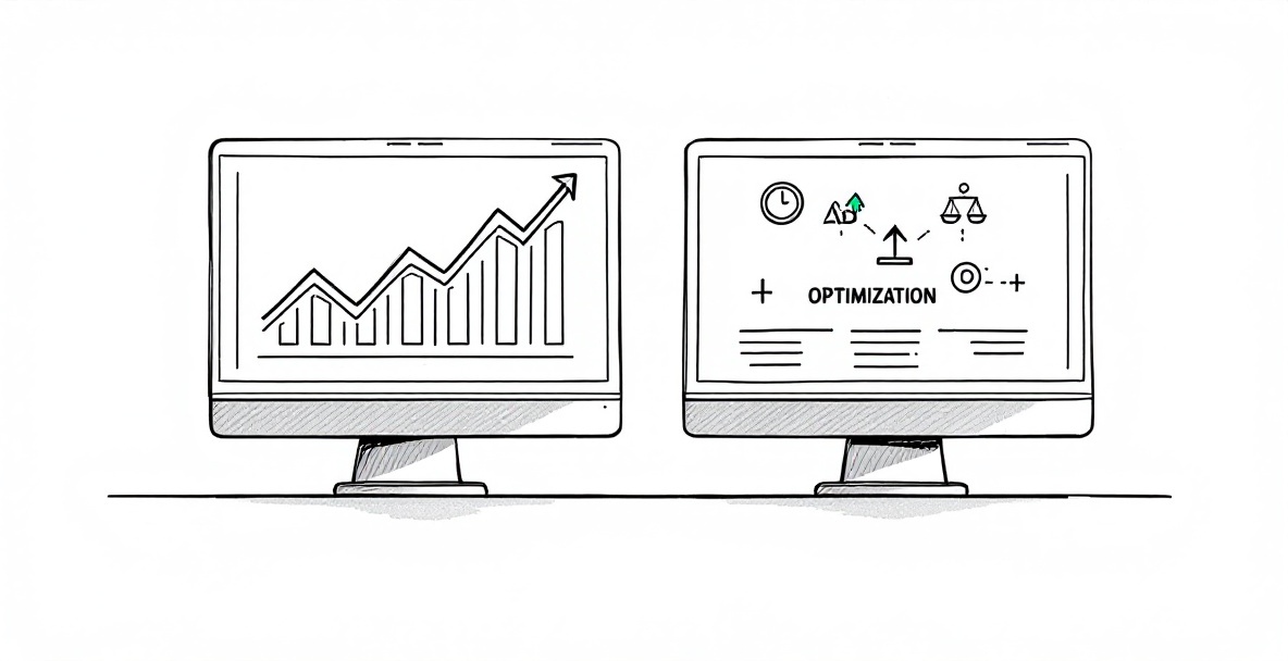 Minimalist sketch of an A/B testing dashboard showing side-by-side webpage mockups, performance metrics, and optimization tools