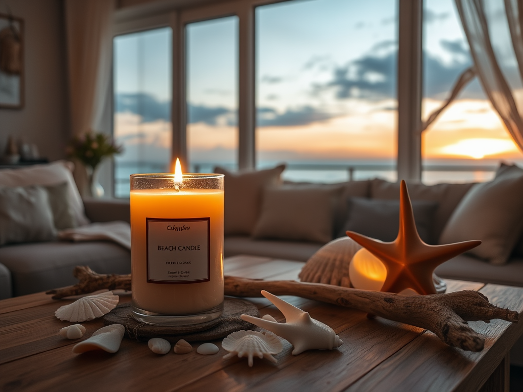 Create a realistic image of a cozy beach-themed living room with a large scented candle on a coffee table, surrounded by seashells and driftwood. Soft, warm light from the candle illuminates the room, casting a golden glow on nearby coastal decor. A window in the background reveals a sunset over the ocean, enhancing the beach atmosphere.