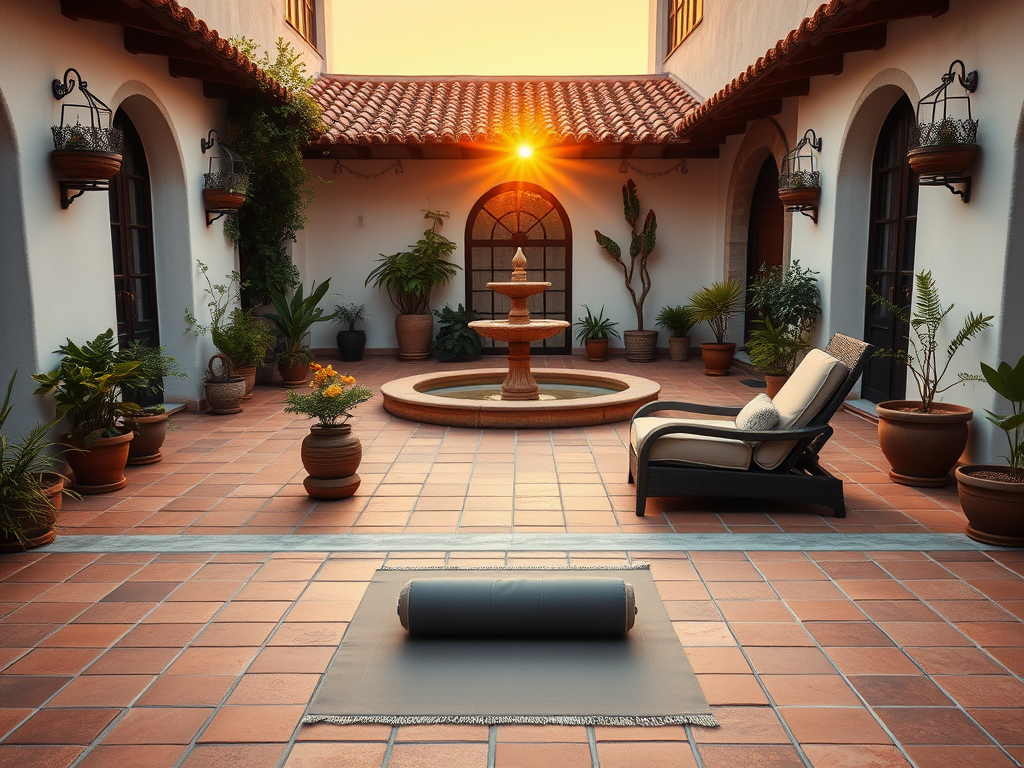 Create a realistic image of a serene Spanish courtyard at sunset, with terracotta tiles, white-washed walls, and potted plants. A peaceful fountain in the center reflects golden light. In the foreground, a yoga mat and meditation cushion are placed near comfortable lounge chairs, symbolizing relaxation and wellness activities.