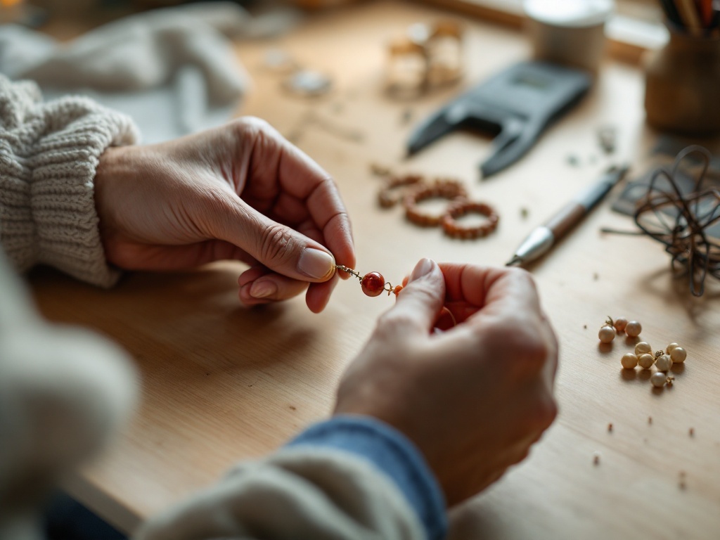 A photorealistic shot capturing hands working on creating a simple bracelet with beads and wire, on a plain workbench with soft lighting