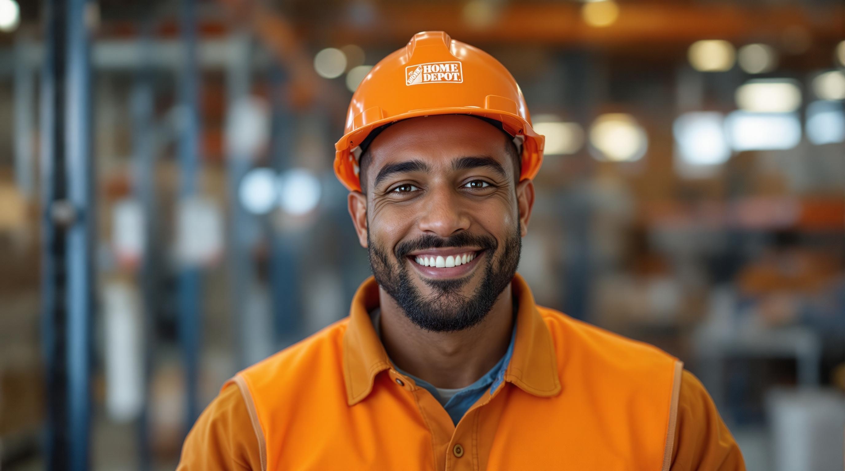 Empowering Home Depot Worker A candid photo of a diverse Home Depot worker assisting a customer with a friendly smile.