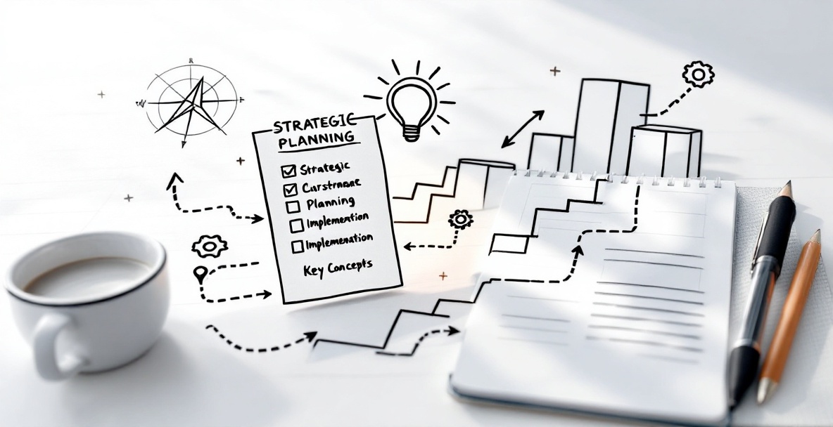 Minimalist sketch-style roadmap showing a strategic planning checklist, implementation notes, and ascending steps to success