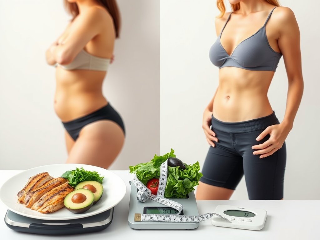 Create a realistic image of a before-and-after photo collage showing a white female's body transformation over 2 weeks, with the left side depicting a slightly overweight figure and the right side showing a noticeably slimmer silhouette, accompanied by a plate of low-carb foods like grilled chicken, avocado, and leafy greens, with a measuring tape and a digital scale in the foreground, all set against a clean, white background with soft lighting.