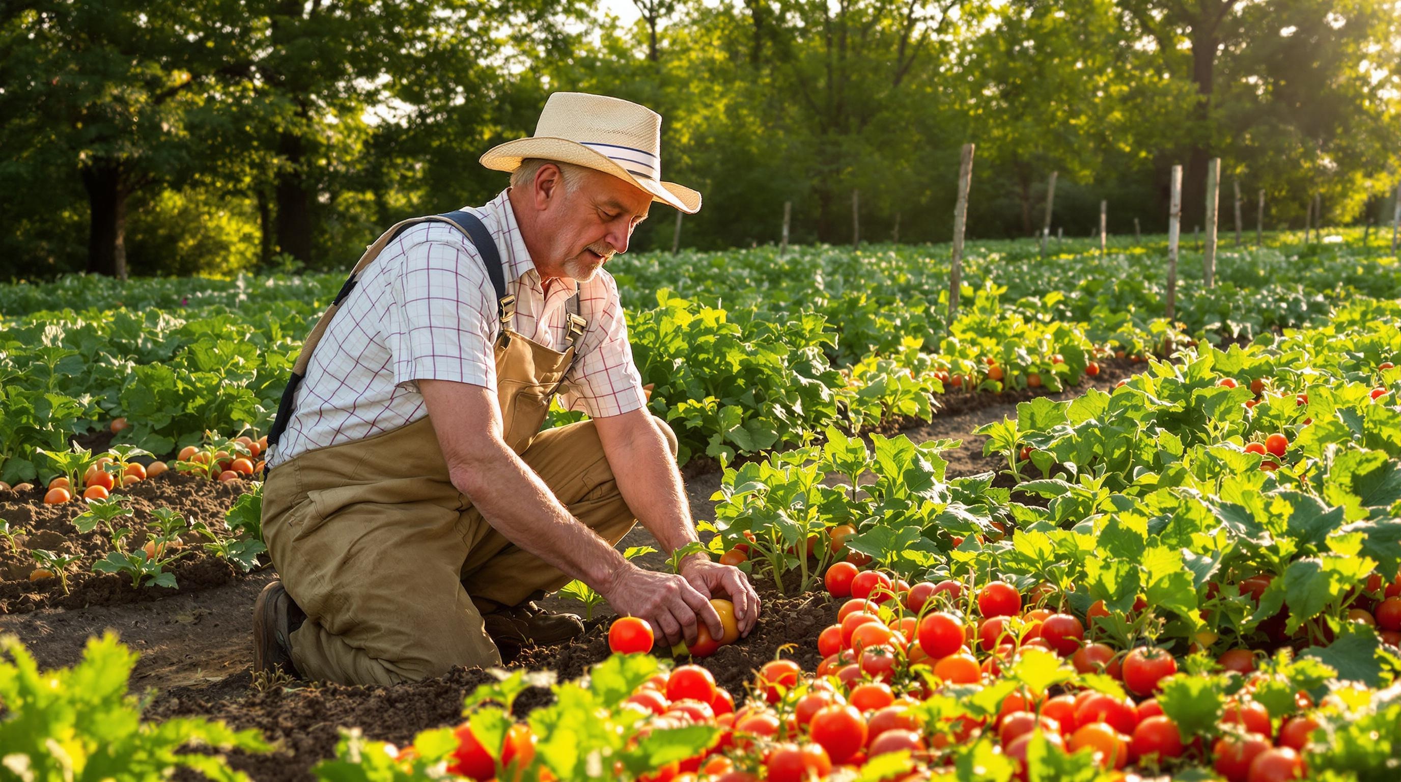 An old man tending to his vegetable garden