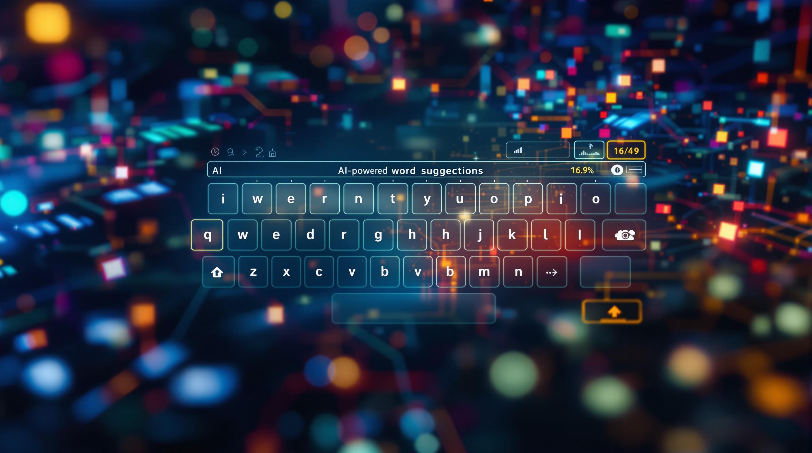 Modern digital keyboard with AI-driven word suggestions emerging above keys, data streams and neural network patterns in the background, vibrant yet professional color palette, sleek and clean interface, 16:9 aspect ratio
