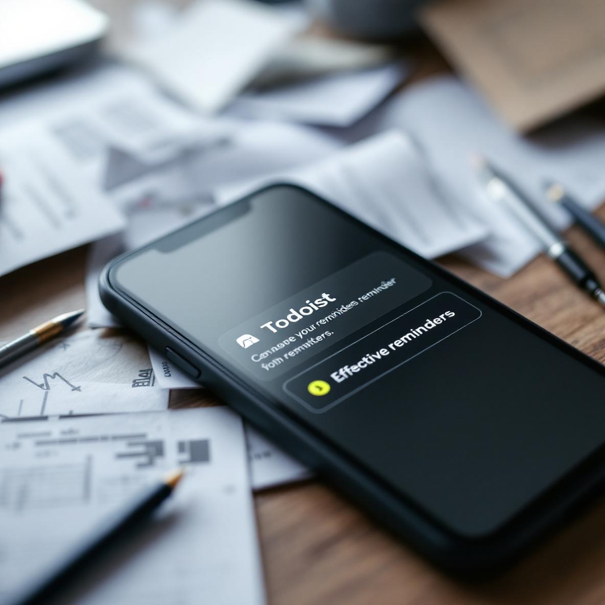 A close-up view of a smartphone displaying a Todoist reminder notification against a cluttered desk background, illustrating the dual nature of reminders as both helpful and disruptive.