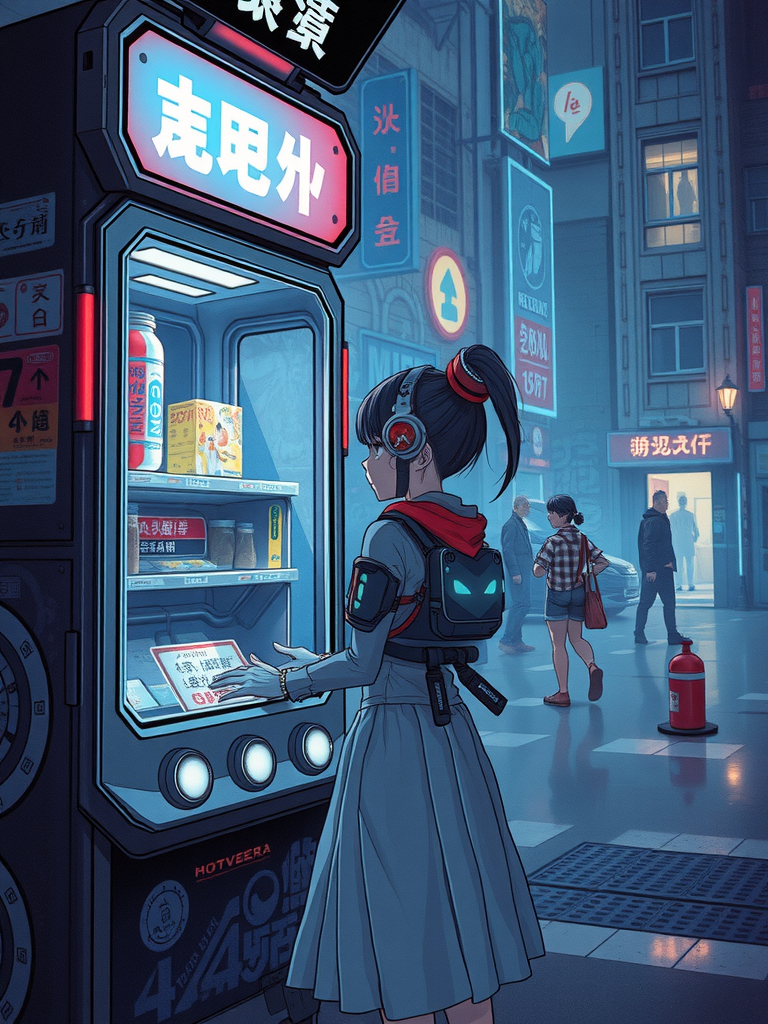 girl of the future using a food vendor machine, futuristic design, electronic artwork, manga character, techno-noir, animated drawing, vintage futurism, pan futurism, dystopian cyberpunk, neon-lit urban landscape, dark and gritty, high-tech, graffiti, futuristic gadgets, cinematic, detailed cityscape, moody lighting, ultra-detailed, urban landscape, high-tech implants, augmented reality