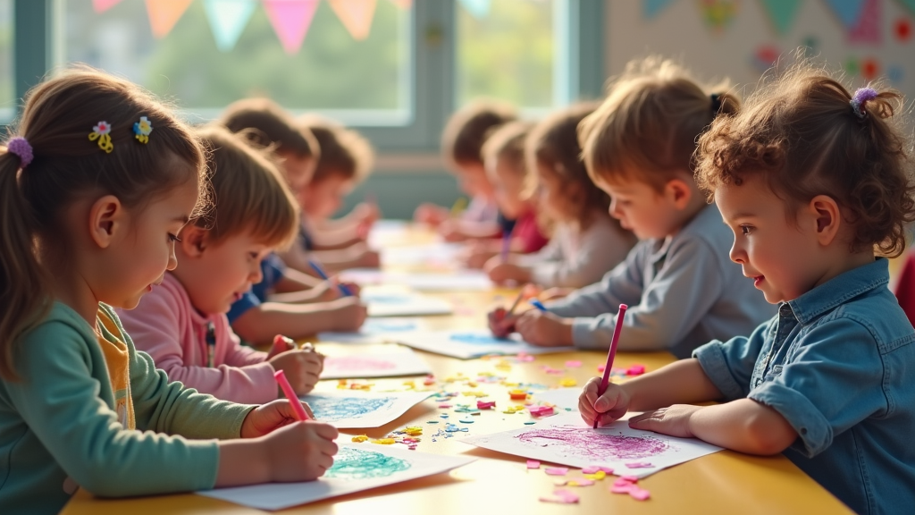 A polling station filled with amused voters sitting at child-sized tables, selecting crayon colors, as colorful doodles fill the air like confetti.