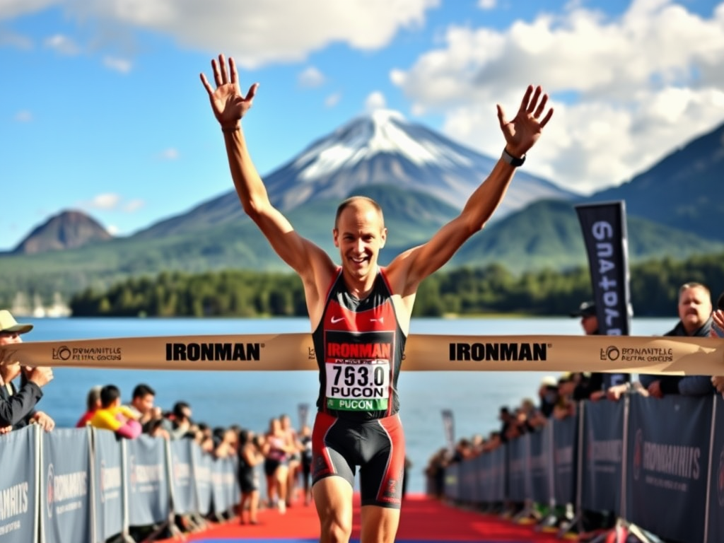 Create a realistic image of a triumphant white male triathlete crossing the finish line at IRONMAN 70.3 Pucon, arms raised in victory, with a backdrop of the stunning Villarrica volcano and Lake Pucon, surrounded by cheering spectators and fellow athletes, capturing the essence of accomplishment and the beauty of the Chilean landscape.