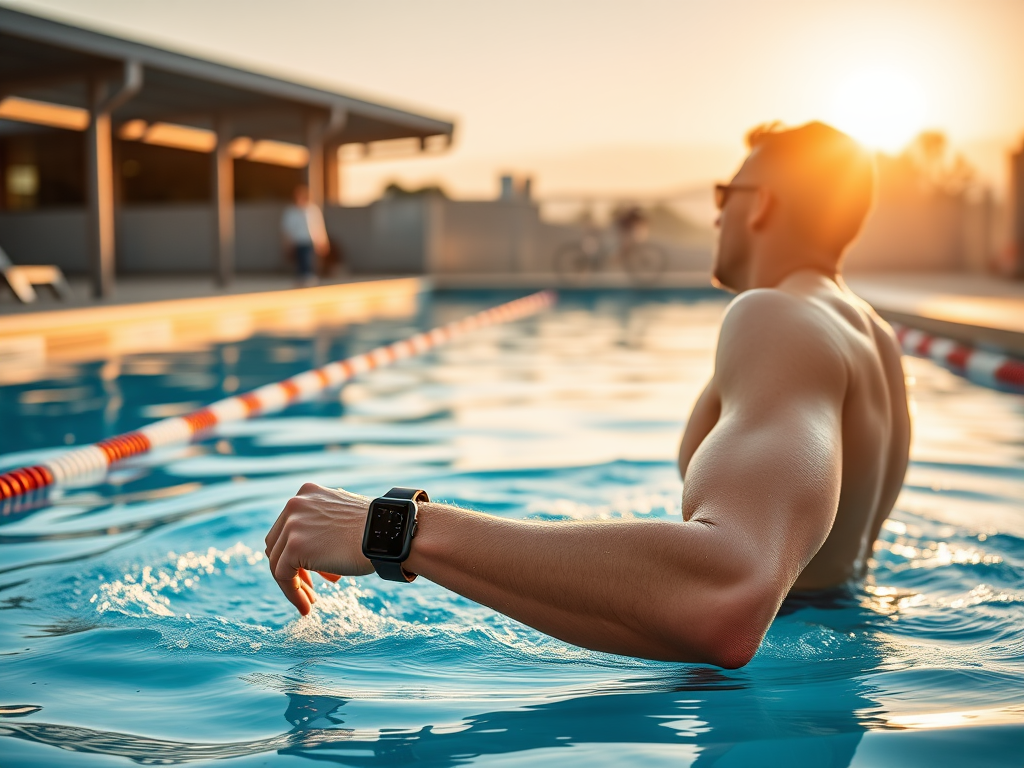 Create a realistic image of a white male triathlete in his 30s using a smartwatch to monitor his performance while swimming laps in an outdoor pool at sunrise, with a bike and running shoes visible on the pool deck, symbolizing efficient time management and multisport training.