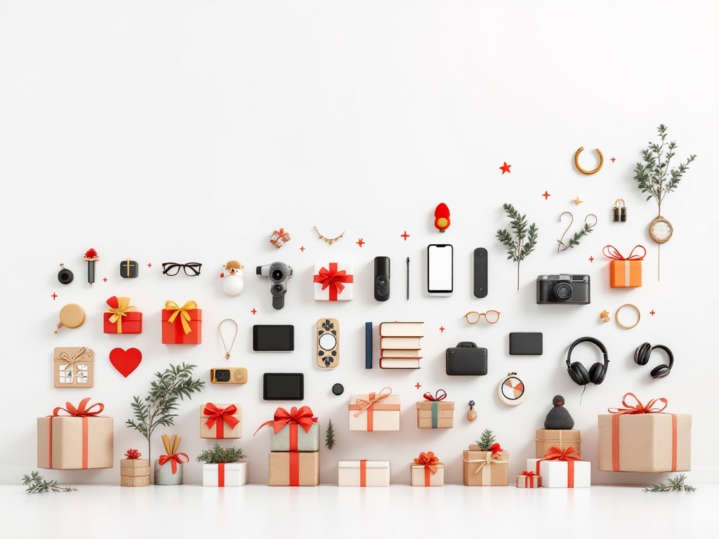 A photorealistic shot capturing a series of gift ideas arranged in a timeline format, showcasing age-appropriate presents from childhood to adulthood. The image includes simple toys, books, tech gadgets, and sophisticated accessories, all displayed on a clean, minimalist background.