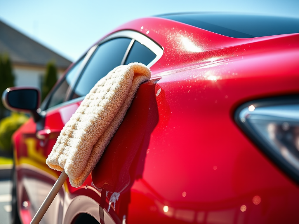 Create a realistic image of a sparkling clean red car in a driveway, with a soapy car wash cleaning mitt on a long stick leaning against the car's side, water droplets glistening on the car's surface, and a bright blue sky reflecting on the polished exterior.