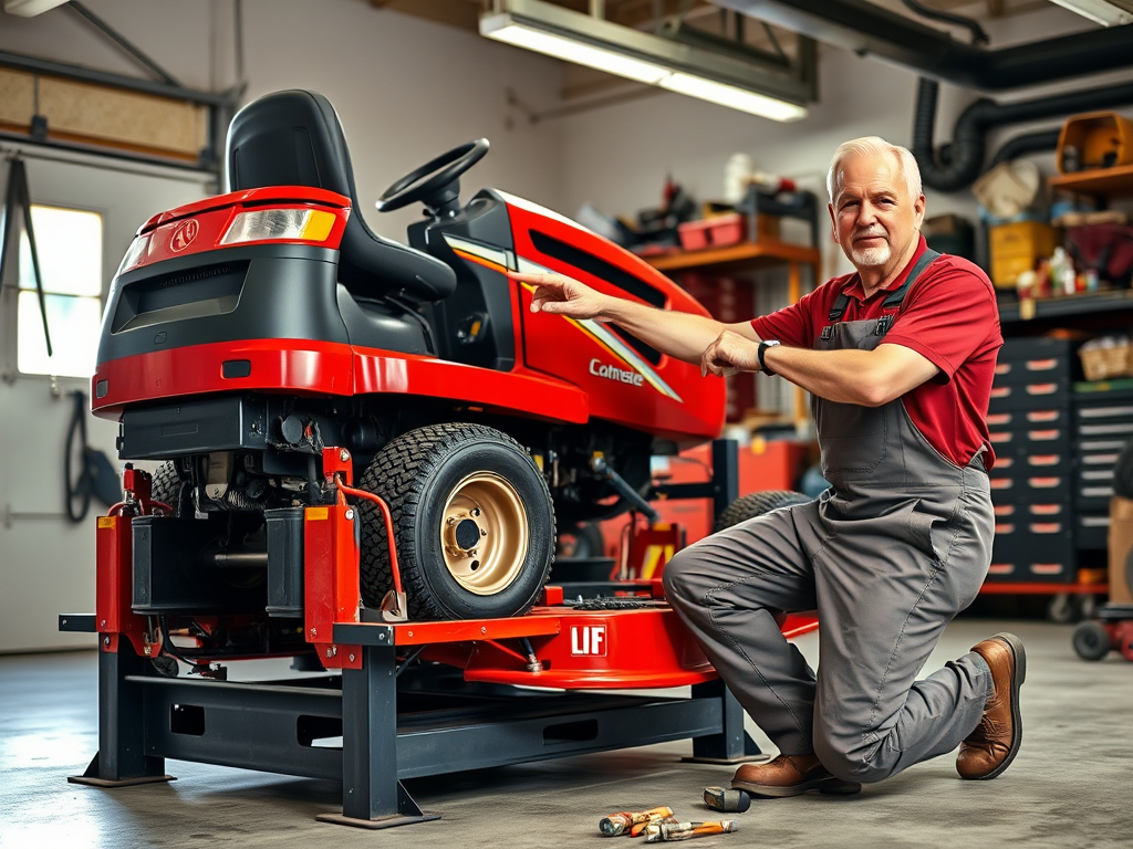 Create a realistic image of a white male mechanic in his 40s wearing overalls, kneeling beside a raised red riding lawn mower on a Pro Lift device in a well-lit garage workshop, pointing out key maintenance areas to the viewer, with various tools and equipment visible in the background.