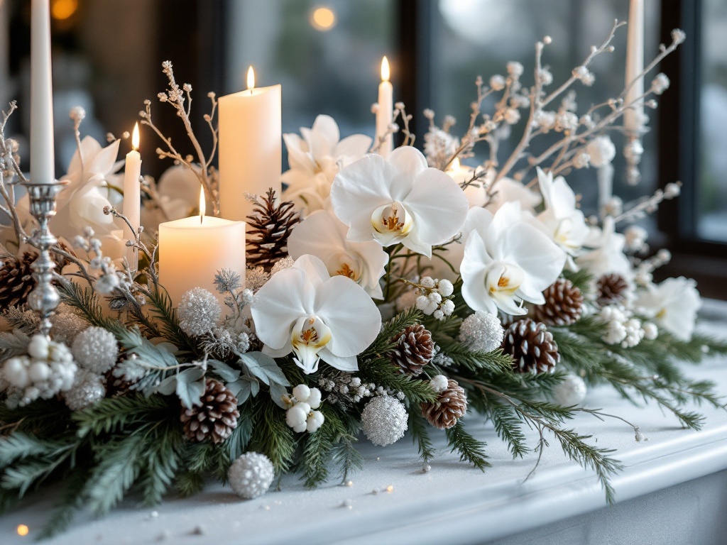 A photorealistic shot capturing an elegant winter wedding centerpiece featuring white orchids, pine cones, and silver-painted branches, with soft candlelight illuminating the arrangement