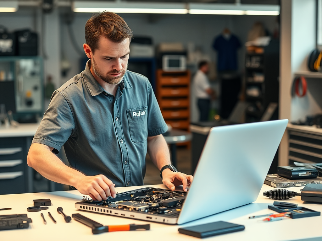 Create a realistic image of a white male technician in his 30s wearing a polo shirt with a company logo, examining a disassembled laptop on a clean workbench. Various laptop components and repair tools are neatly arranged nearby. The background shows a professional repair shop interior with soft, warm lighting.