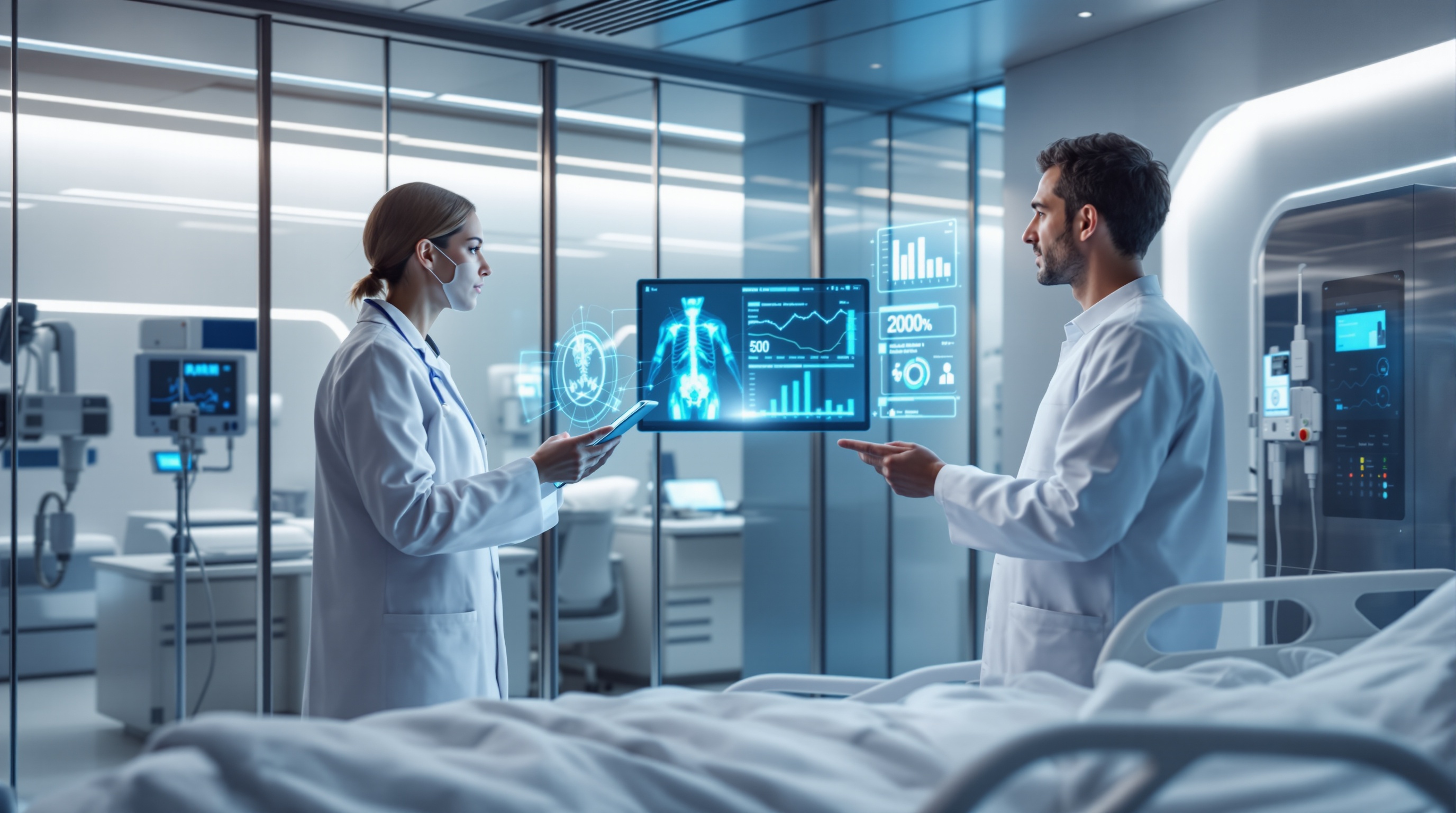 Inside a sleek Canadian hospital environment, a doctor in a white coat examines a holographic medical scan projected from an AI-powered tablet, while nearby a nurse monitors predictive analytics charts on a wall-mounted digital dashboard. Clean modern medical equipment, cool ambient lighting, and glass partitions create a futuristic but professional setting. Composition balanced with patient bed and subtle Canadian design elements like bilingual signage. Photorealistic, cinematic focus, 16:9 aspect ratio.