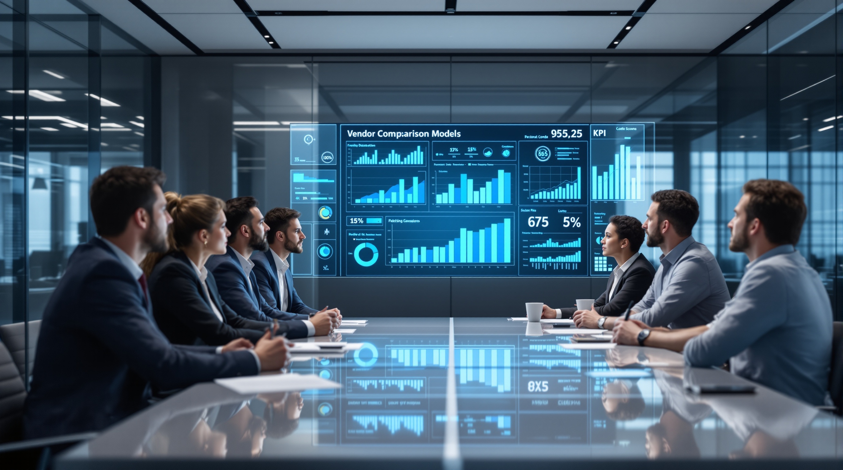 Corporate meeting room with executives reviewing digital vendor comparison charts