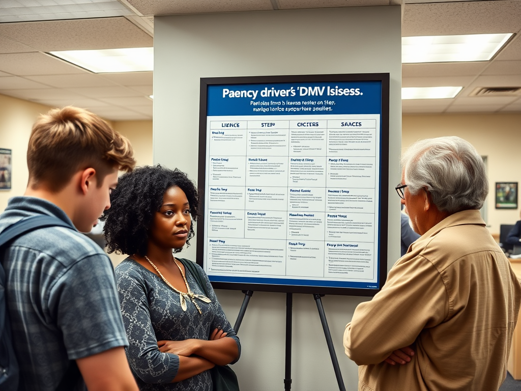 Create a realistic image of a Pennsylvania DMV office interior with a large informational poster prominently displayed, showing driver's license requirements and steps. A diverse group of people, including a young white male, middle-aged black female, and elderly Asian male, are studying the poster intently. The scene is well-lit, with official-looking desks and counters visible in the background.