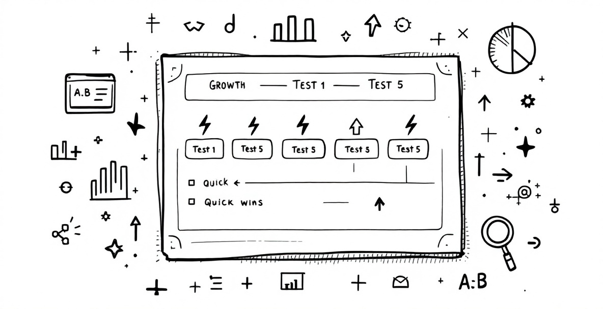 Minimalistic sketch illustrating a Growth Hacking Framework with a flowchart and growth marketing icons.
